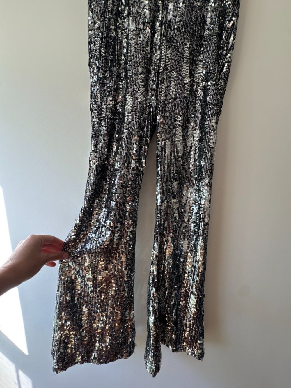 No Boundaries Silver Sequin High Rise Flare Leg Statement Pants Size S 4-6